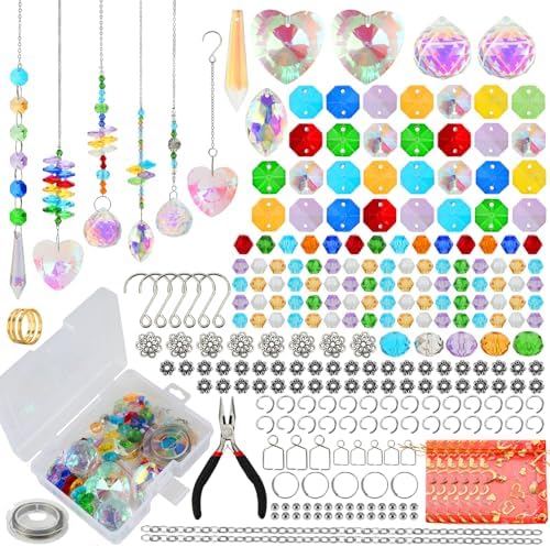 Worgree 460pcs Do it yourself Suncatcher Earning Kits for Grownups Crystal Solar Catcher Arts and Crafts Supplies Set with Colorful Crystals Beads Rainbow Maker Prism for Windows Hanging Indoor Outdoor Backyard garden Decor